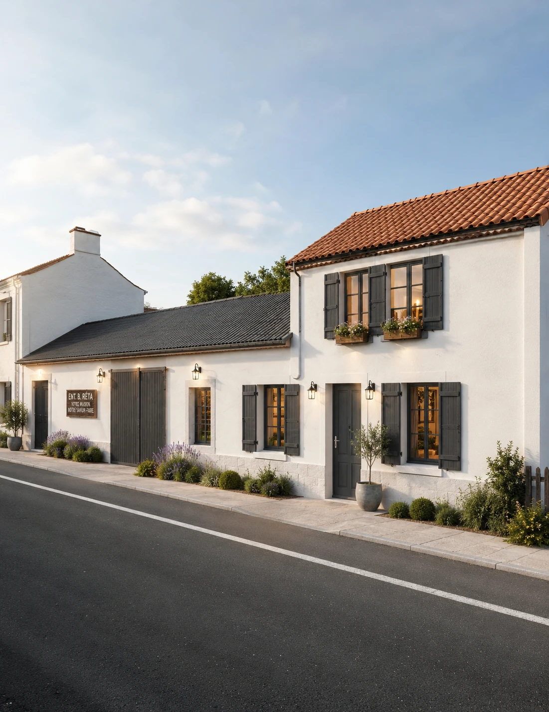 Visualisation d’une façade rénovée avec toiture en tuiles, menuiseries et aménagement paysager